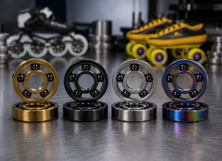 Premium 5-ball hybrid ceramic 608 and 627Z skate bearings with Si3N4 ceramic balls, stainless steel races, Gold TiN, Black Oxidized, titanium-coated finishes for inline and quad skates by Elyntis Global