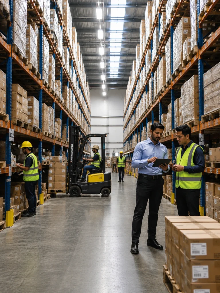 Professional warehouse with logistics managers, forklift operations and organized inventory supporting international sourcing, import-export and wholesale distribution.