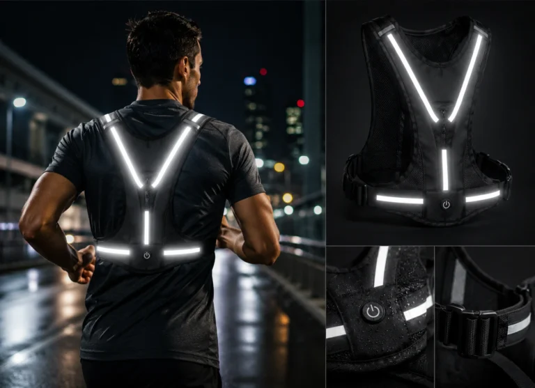 LED reflective running vest with rechargeable high-visibility lights for running, cycling, OEM manufacturing, wholesale, import, export, and global sourcing by Elyntis Global