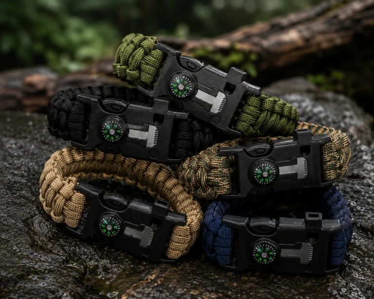 Paracord survival bracelets with compass, whistle, and fire starter by Elyntis Global for OEM manufacturing, private label branding, wholesale distribution, global sourcing, import, export, camping, hiking, and survival gear