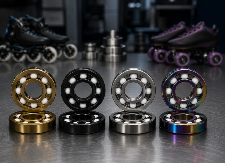 Premium 608 and 627Z hybrid skate bearings with 6 and 7 full ZrO₂ ceramic balls, Gold TiN, Black Oxidized, Stainless Steel, and Titanium Coated finishes for inline and quad skates by Elyntis Global