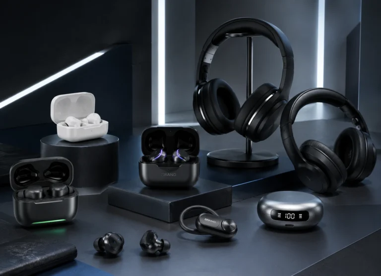 Premium Bluetooth earbuds and wireless headphones by Elyntis Global for OEM manufacturing, wholesale distribution, global sourcing, import, export, and private label solutions