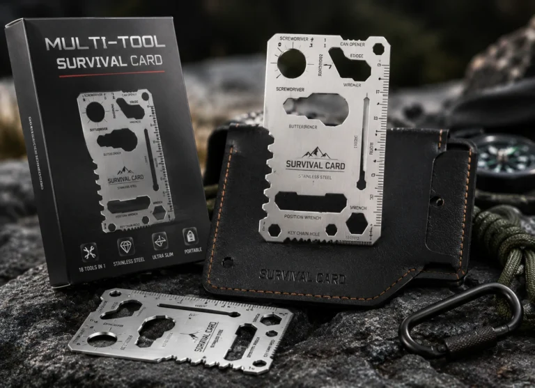 Stainless steel multi-tool survival card by Elyntis Global for OEM manufacturing, private label branding, wholesale distribution, global sourcing, import, export, camping, hiking, EDC, and survival gear
